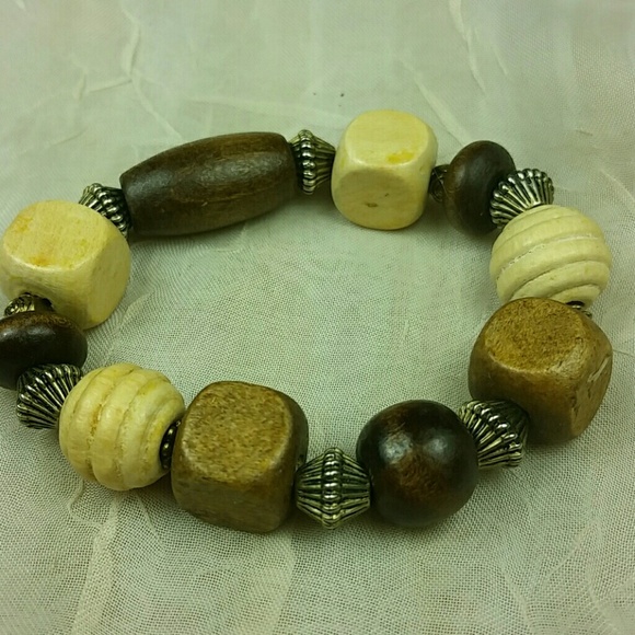 Boho Chunky Wood Bead Stretch Bracelet Natural Earthy Tribal Artisan Jewelry - Picture 3 of 4
